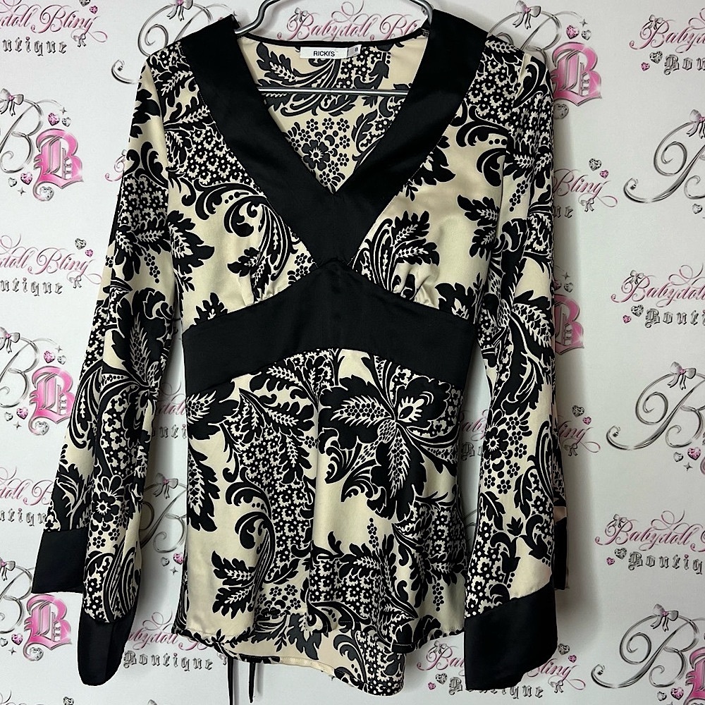 Ricki’s top blouse Elegant Black and Cream Women's Top shiny silky